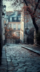 Cobblestone Parisian lane at dusk with soft autumn glow.