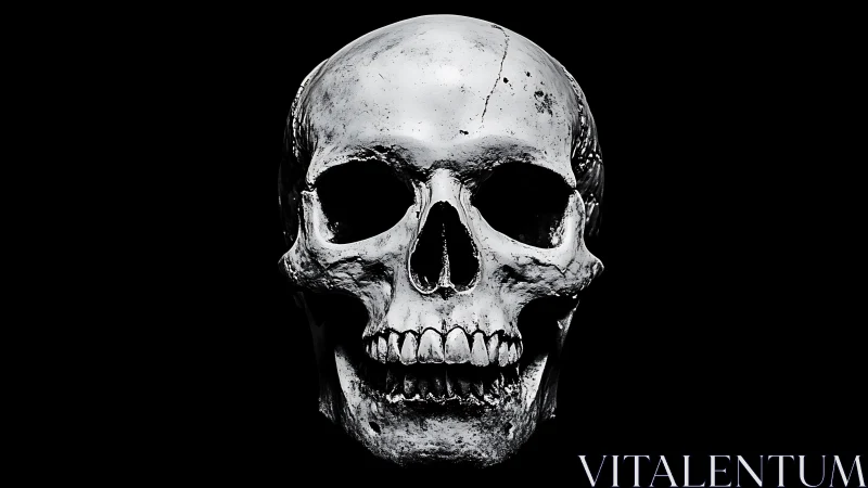 Human skull rendered in stark monochrome frontal view