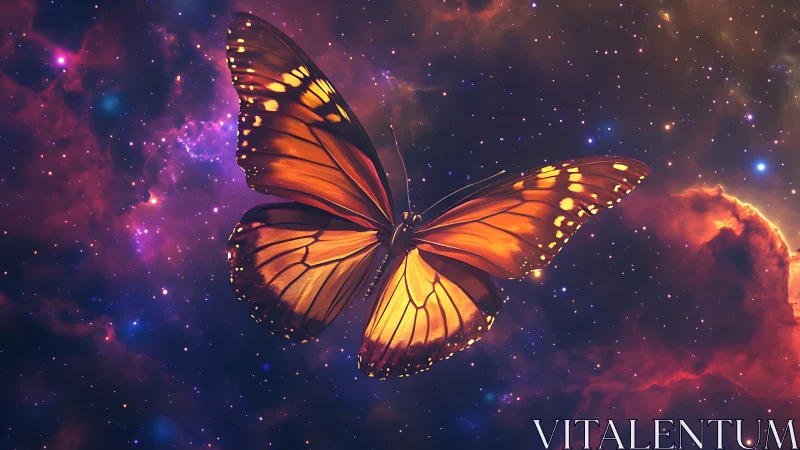 Orange butterfly rendered against a stylized nebula field.