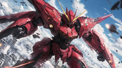 Crimson skybreaker mecha storms a sunlit futuristic skyline.