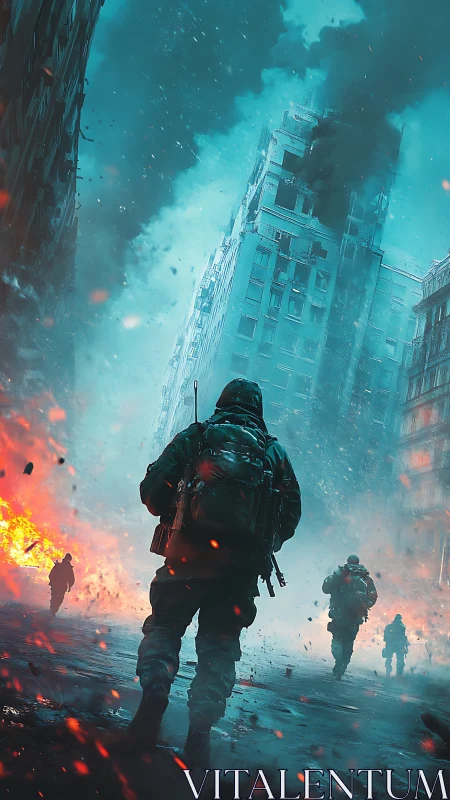 Soldiers advance through burning urban warzone ruins.