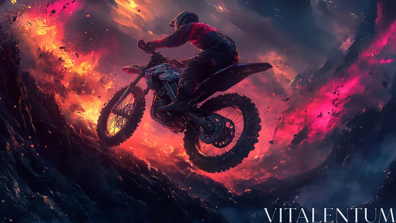 Motocross rider soars through fiery cosmic storm