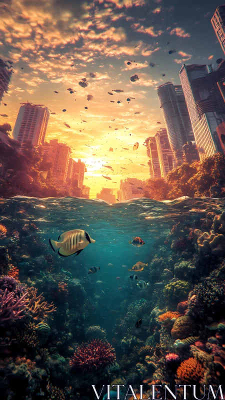 Submerged boulevard skyline with radiant coral reef horizon.
