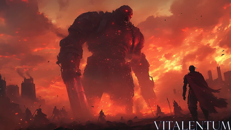 Colossal ember-forged war machine confronting lone combatant.