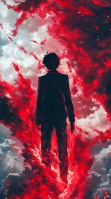 Crimson storm engulfs lone figure in turbulent clouds.