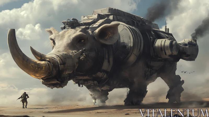 Colossal mechanized war-elephant carrier advances across desert