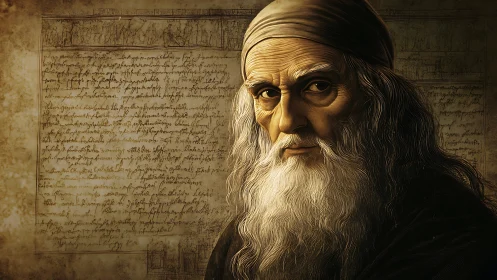 Renaissance elder portrait with illuminated manuscript backdrop.