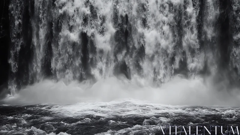 Roaring waterfall curtain spilling into churning dark water.