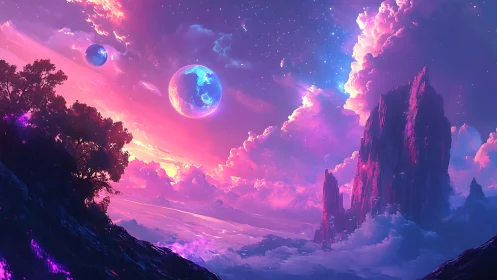 Twin moons above neon cliffs in cosmic sunrise vista.