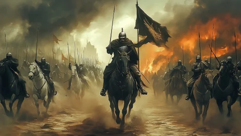 Armored cavalry charge through burning medieval battlefield.