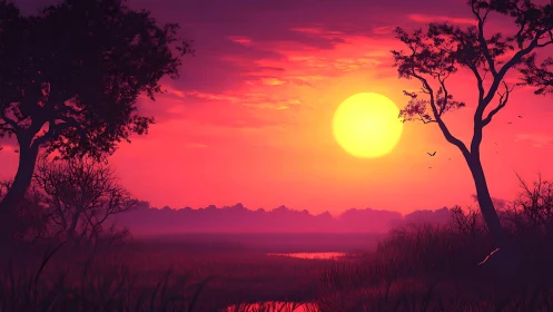 Crimson wetland sunset silhouettes trees against vivid sky