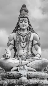 Monochrome monumental Shiva sculpture in meditative symmetry.