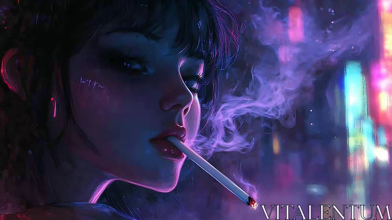 Cigarette glow profiles cyberpunk woman in neon volumetric haze