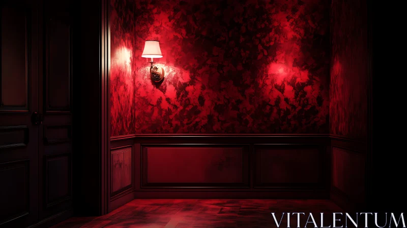 Red corner interior shows wall sconce lighting textured panels