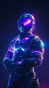 Astronaut in glowing cosmic suit stands against starfield