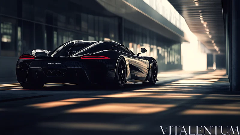 Carbon-fiber hypercar under modular canopy in raking sunlight.