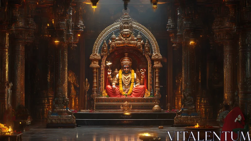 Golden temple serenity with radiant seated deity at dusk.