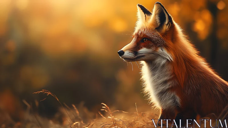 Autumn fox pauses in golden light and quiet forest calm
