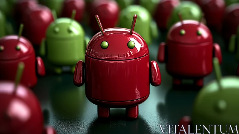 Glossy red android mascot contrasts against green robotic crowd