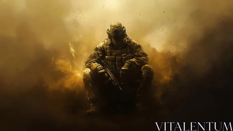 Battle-hardened soldier kneels within burning dust storm