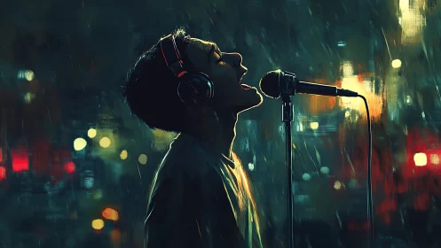Urban night singer bathed in neon rainlit bokeh glow.