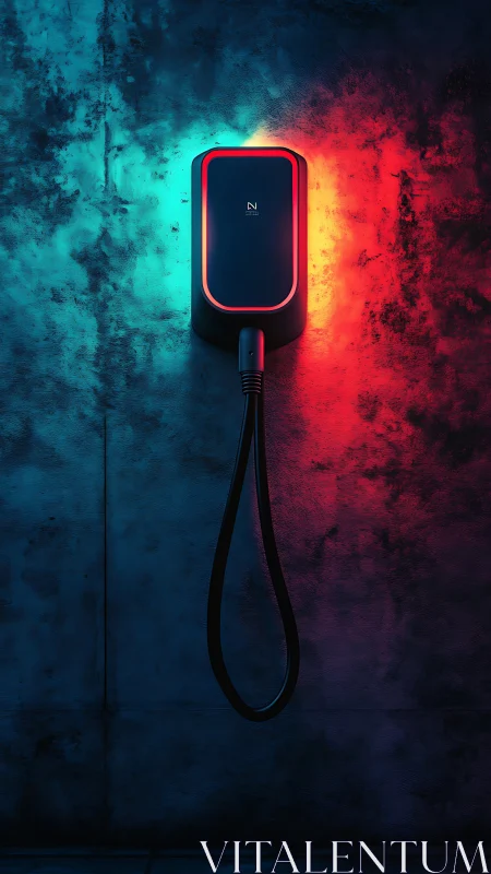 Neon wall charger humming between cold blue and ember red.