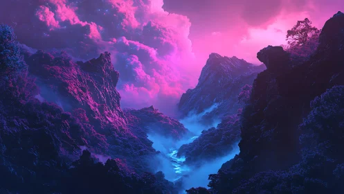 Dreamlit valley glows beneath vibrant neon twilight sky