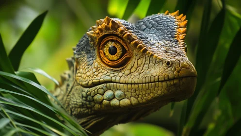 Curious jungle reptile gazes calmly through lush green leaves