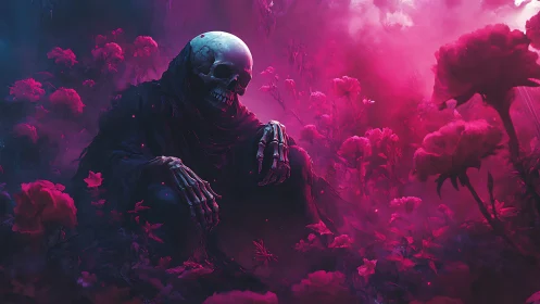 Skeletal robed figure seated in dense pink flower field.