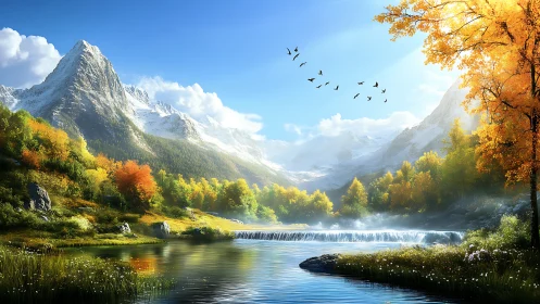 Golden valley river welcomes snowcapped mountain sunrise