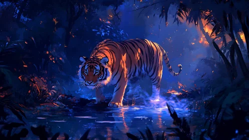 Bioluminescent-lit tiger crossing reflective jungle water at dusk