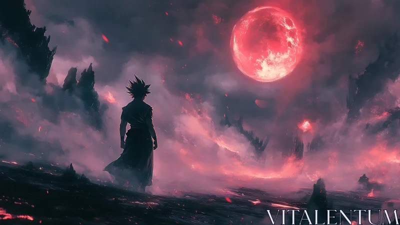 Lone warrior under crimson supermoon in volcanic etherfield.