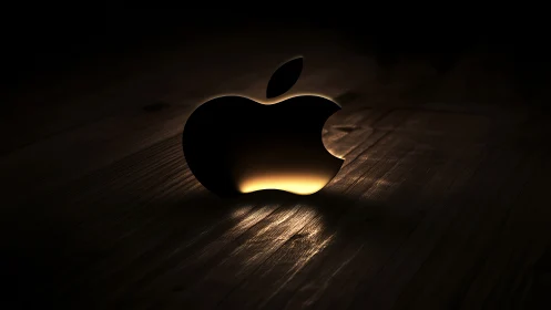 Luminescent Apple Silhouette on Weathered Wood Surface.