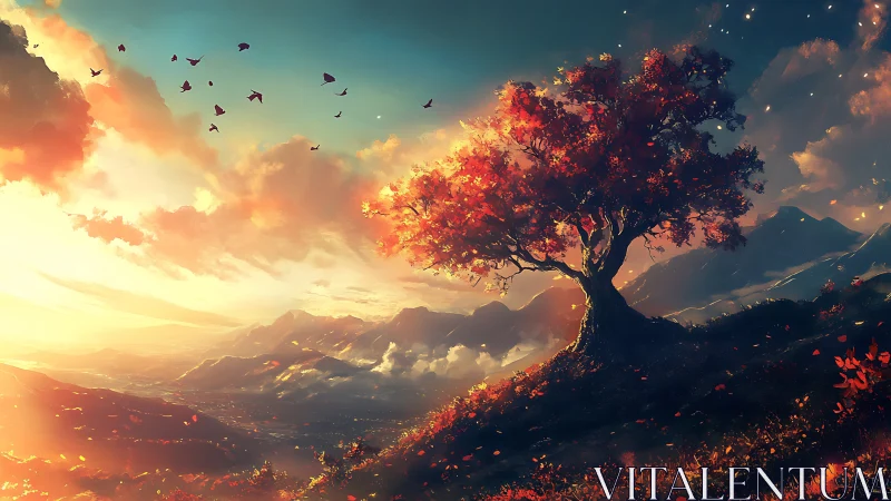 Digital painting of a lone crimson tree on a sunlit ridge.