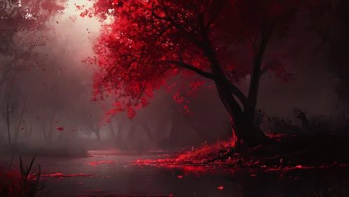 Crimson riverbank hums quietly beneath a lantern-bright tree