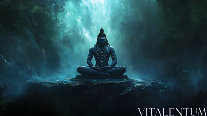 Meditating blue deity amid ethereal forest light cascade.