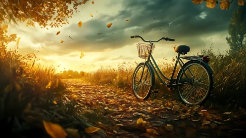 Dutch-Frame City Bicycle in Autumn Meadow at Golden Hour
