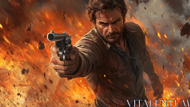 Bearded man aiming revolver amid surrounding explosion flames.