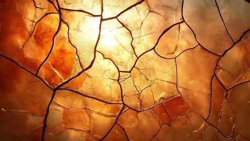 Abstract Cracked Glass Texture with Warm Golden Light Effect.