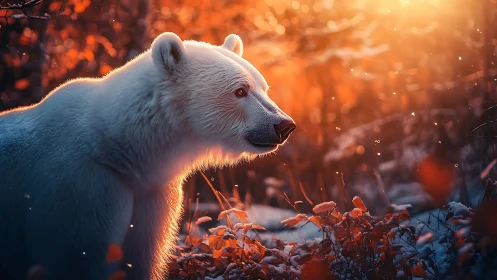 Polar bear in fiery winter sunset with glowing bokeh light.