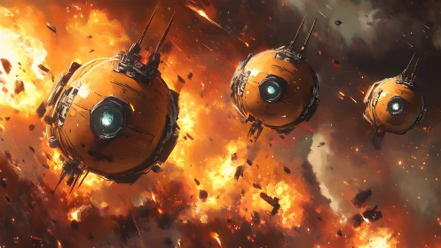 Spherical assault drones crossing starfield firestorm in formation