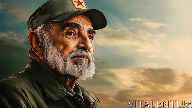 Elderly bearded man in military cap under warm sky.