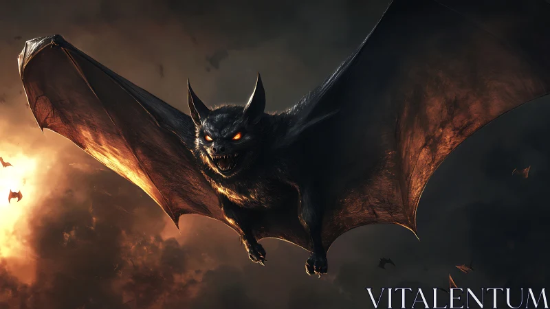 Cinematic demonic bat in dramatic backlit flight composition.