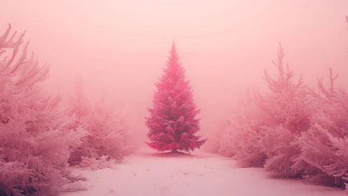 Lone Christmas tree glows in frosted pink winter forest