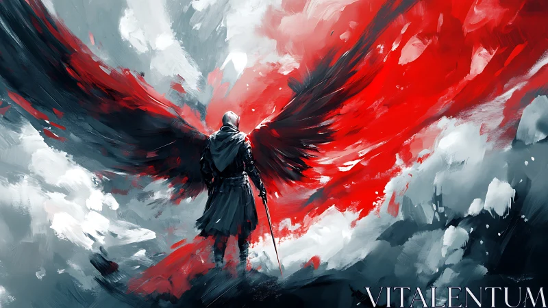 Winged warrior in dynamic red-black abstraction confronts storm