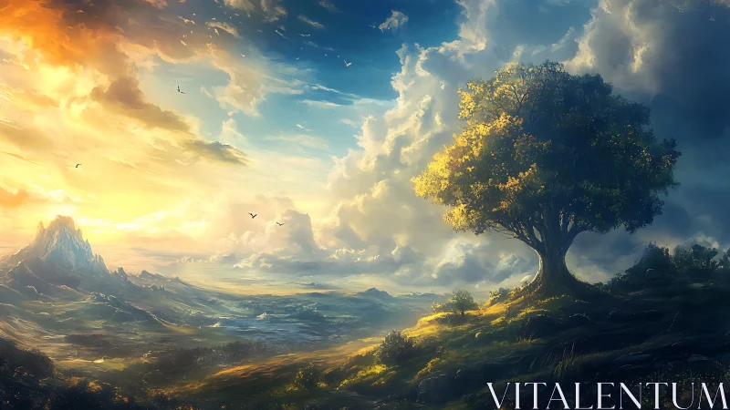 Solitary hilltree keeps watch where sunrise meets storm