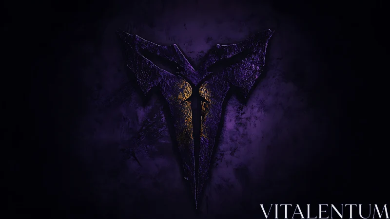 Abstract purple metallic emblem on dark textured void.