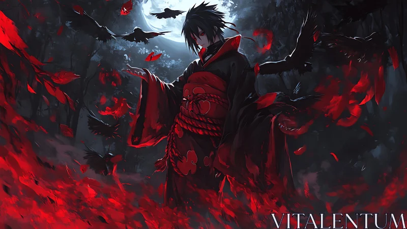 Dark forest shinobi commands crimson ravens in moonlight
