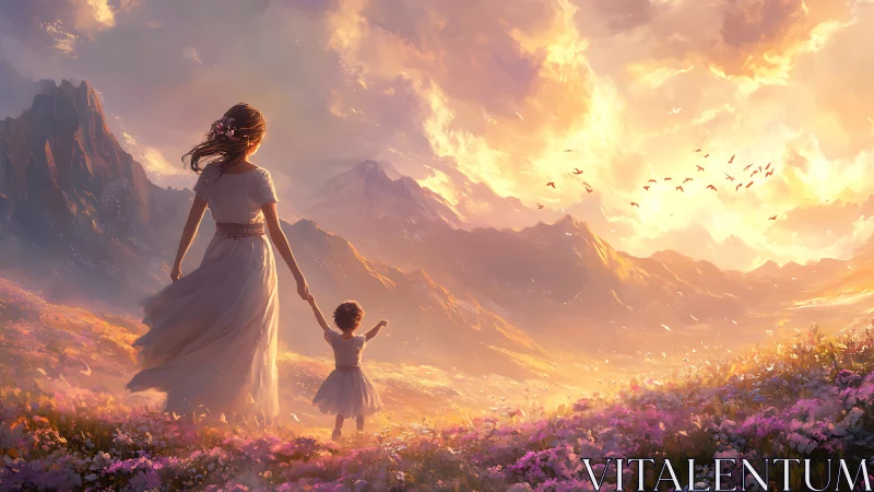 Mother and child walk through sunlit mountain flower valley