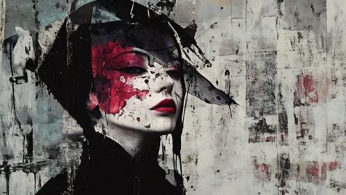 Abstract geisha portrait with splattered red mask detail.